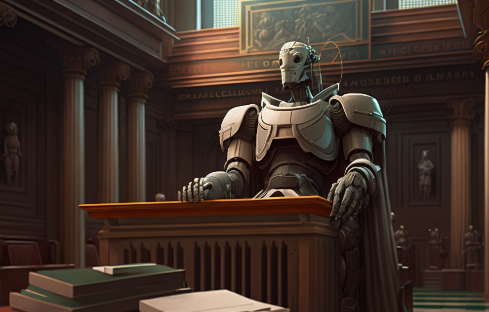 Robot Judge in a courtroom.